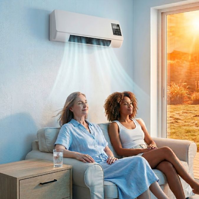Two women relaxing on a sofa in a cool, comfortable living room while the EpiCooler portable climate unit actively runs in the background, with hot sunlight visible through the window outside