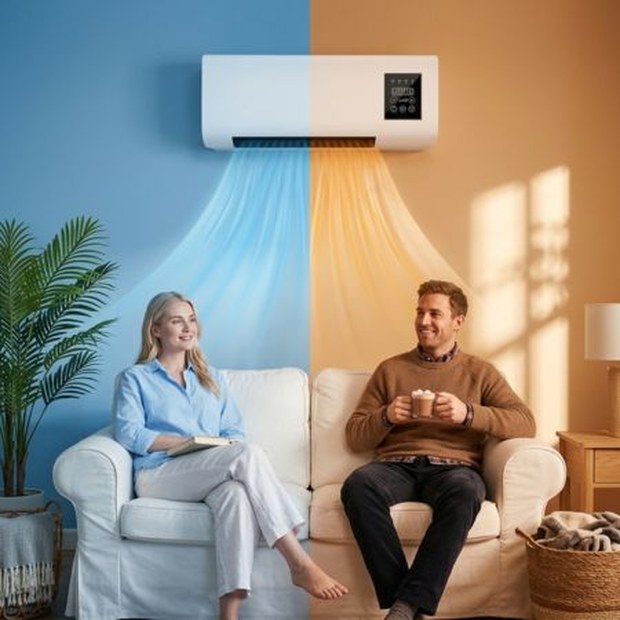 EpiCooler portable air conditioner and heater installed in a living room, showing cool airflow while warm sunlight enters through the window