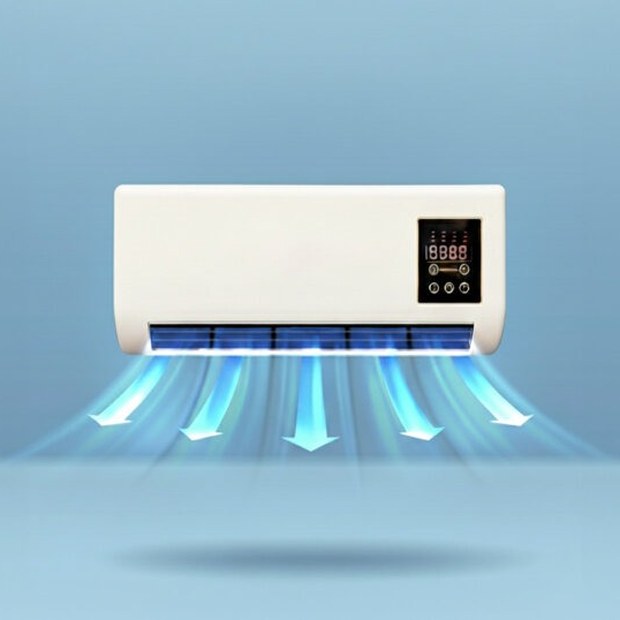 EpiCooler portable 2-in-1 air conditioner and heater mounted on a wall, blowing cool air streams